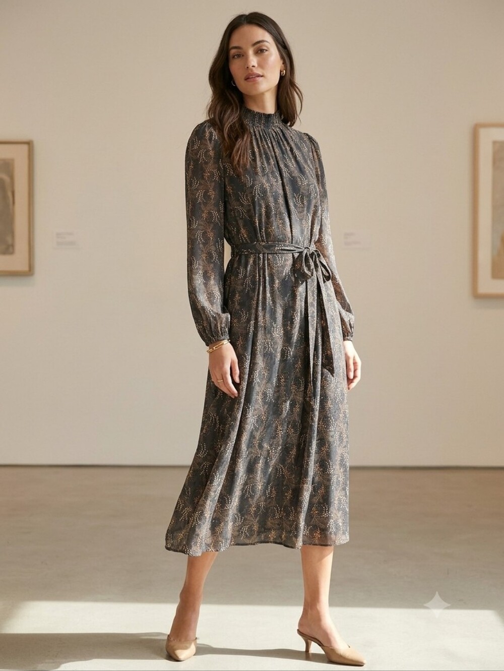 Ann Taylor Black Floral Tie-Waist Long Sleeve Dress
